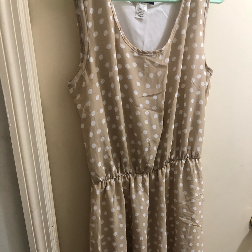 Tan polka dot tank dress with stretchy waist.